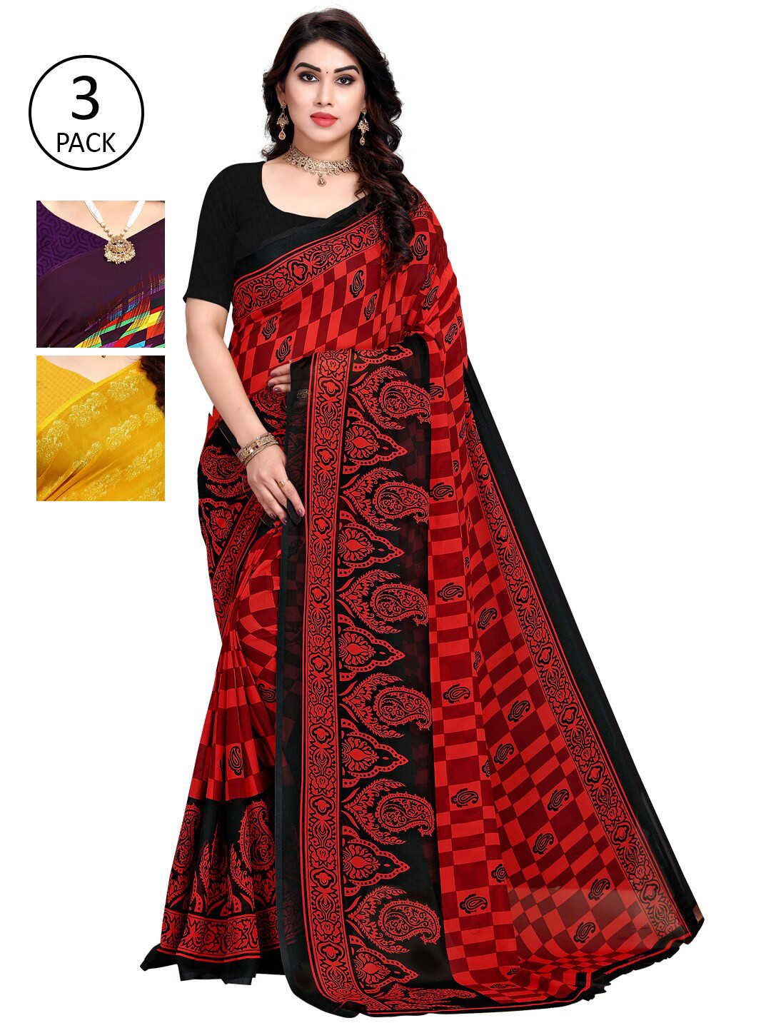 

KALINI Pack Of 3 Printed Saree, Red