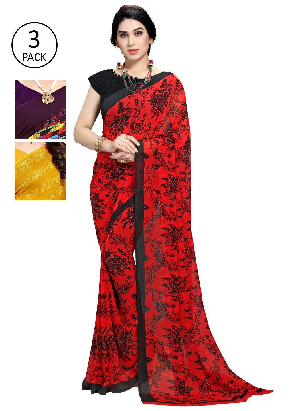 

KALINI Pack Of 3 Printed Sarees, Red