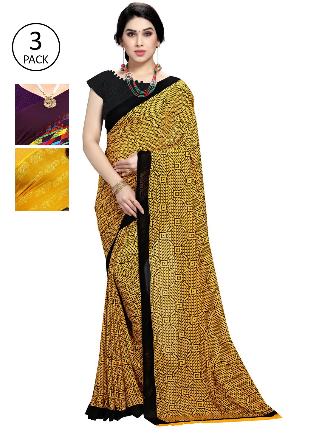 

KALINI Pack Of 3 Printed Sarees, Yellow