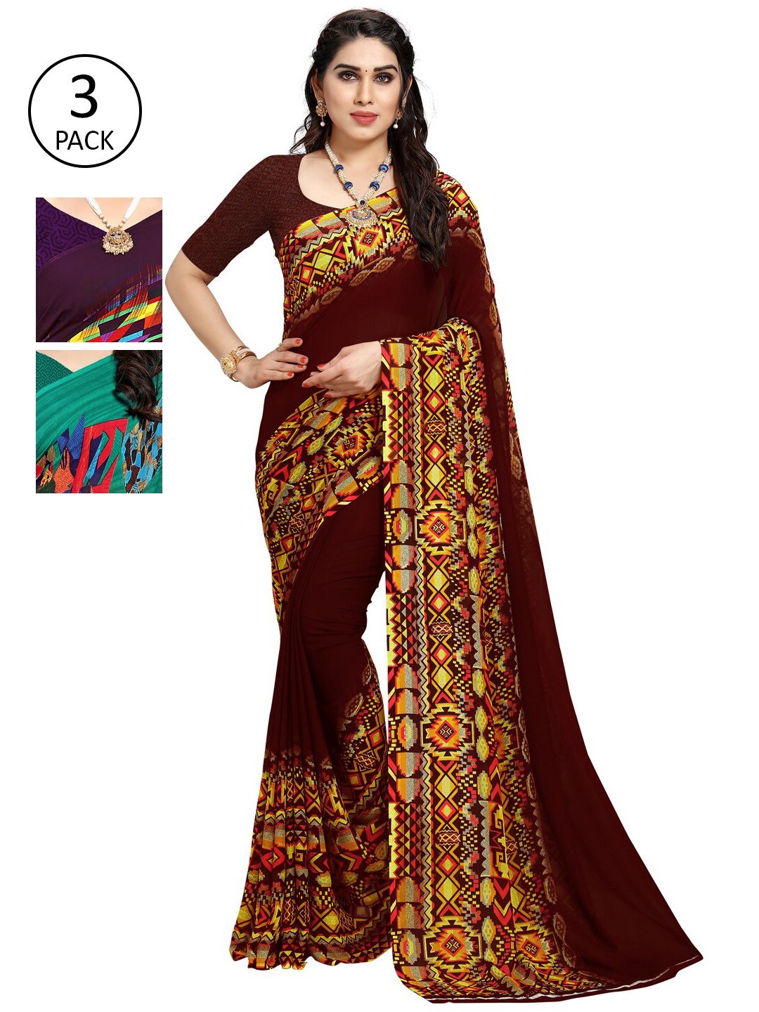 

KALINI Pack Of 3 Printed Sarees, Burgundy