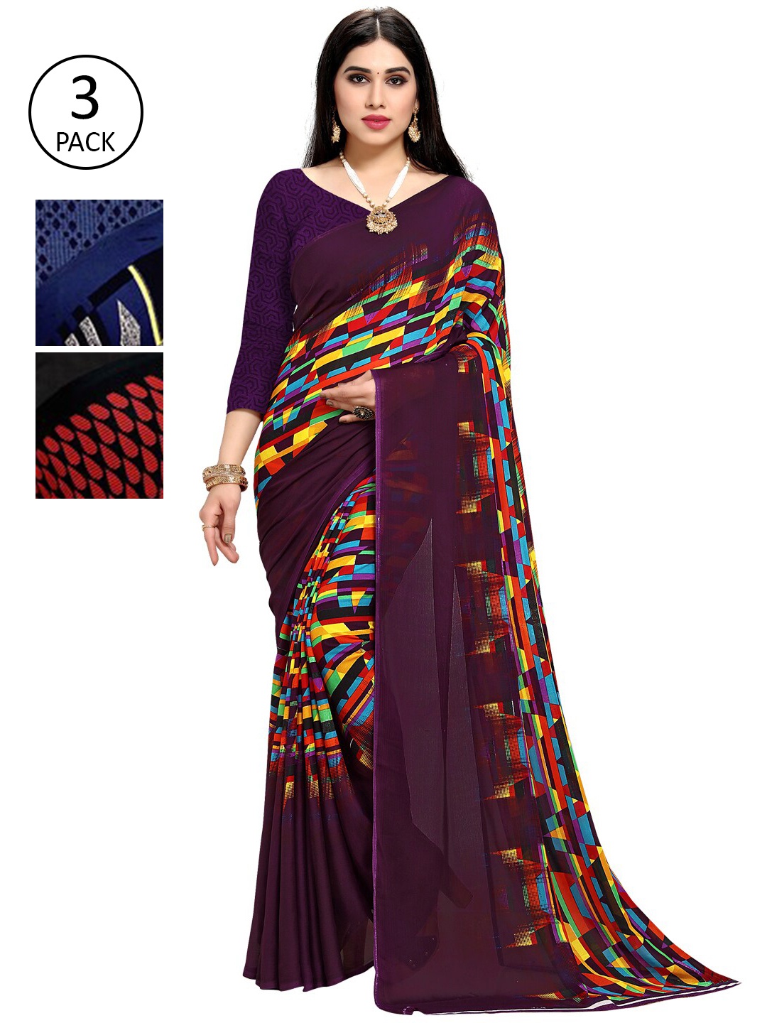 

KALINI Pack Of 3 Printed Sarees, Purple