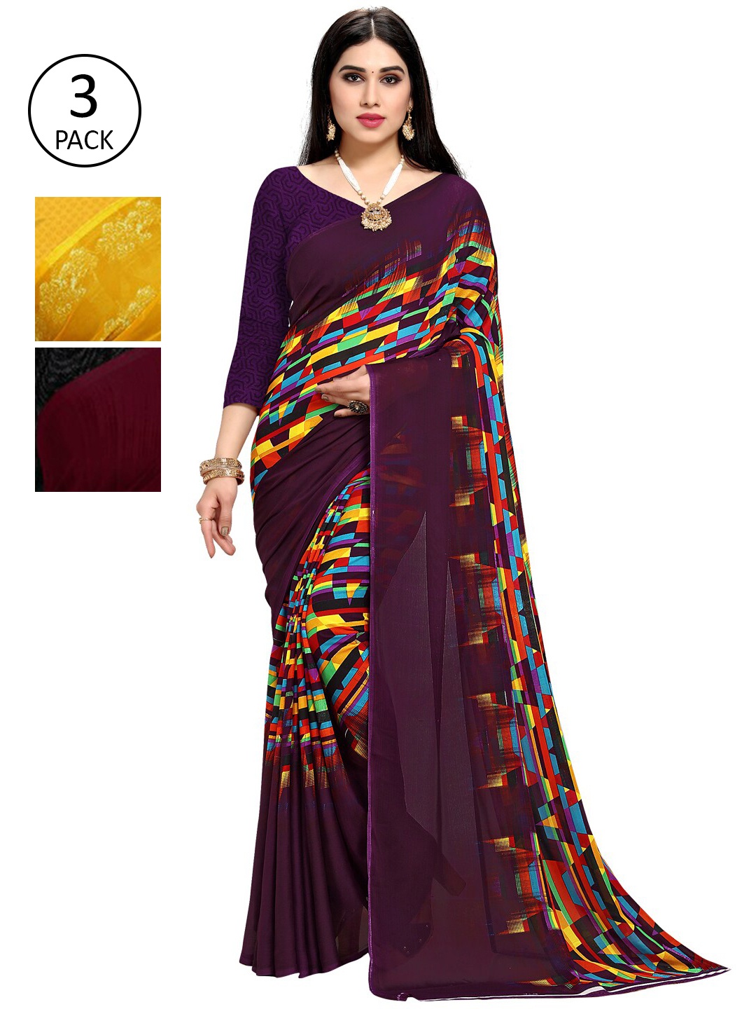 

KALINI Pack Of 3 Printed Sarees, Purple