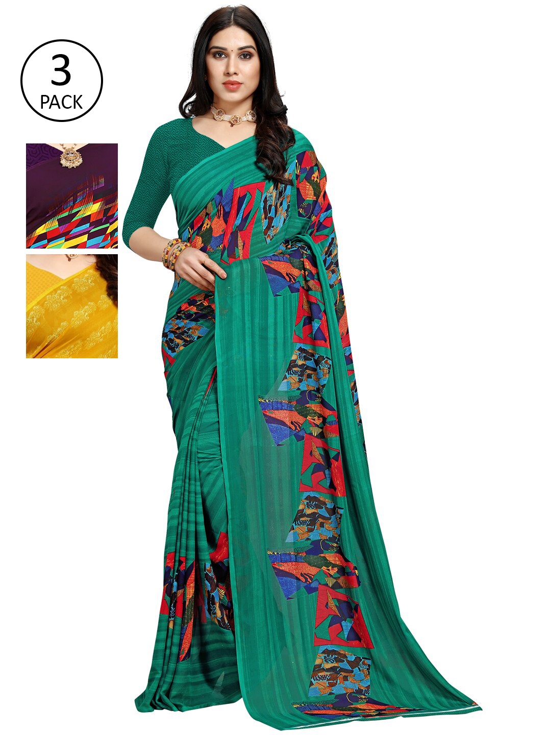 

KALINI Pack Of 3 Printed Sarees, Green