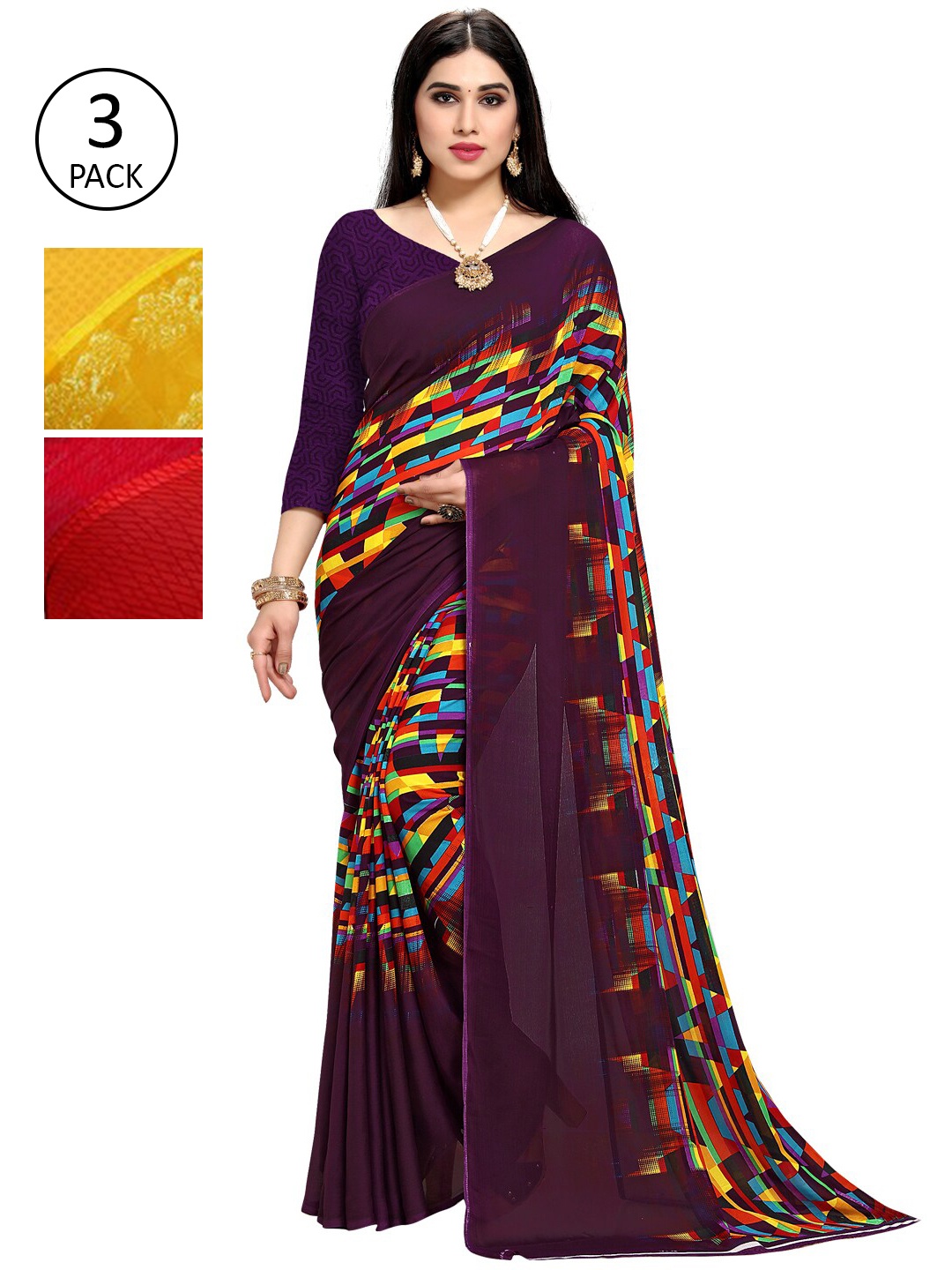 

KALINI Pack Of 3 Printed Saree, Purple