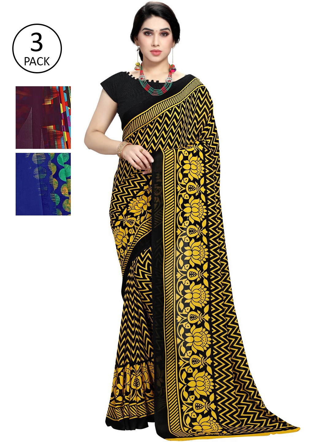 

KALINI Pack Of 3 Printed Saree, Yellow
