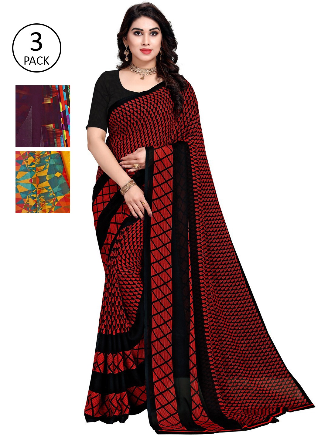 

KALINI Pack Of 3 Printed Sarees, Red