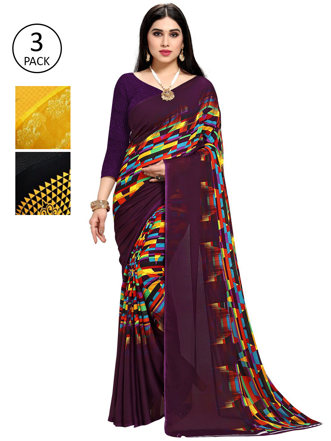 

KALINI Pack Of 3 Multicoloured Poly Georgette Printed Saree, Multi