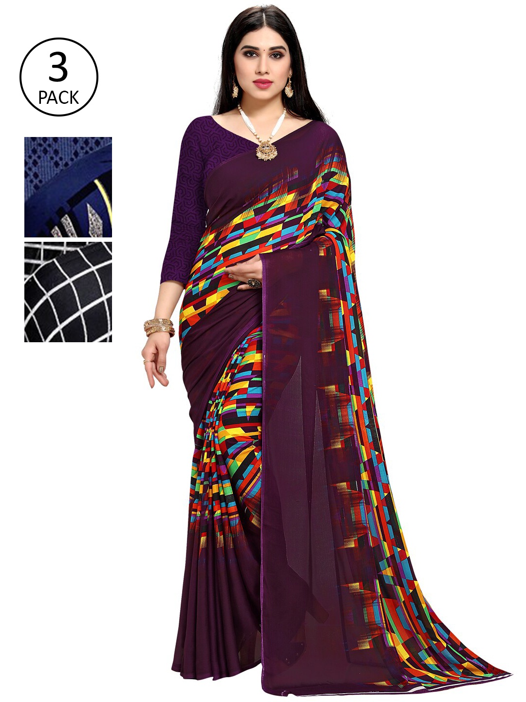 

KALINI Pack Of 3 Multicoloured Poly Georgette Printed Saree, Multi