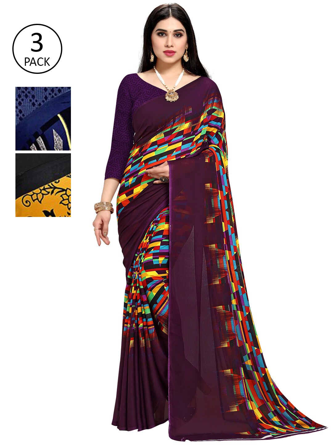 

KALINI Set of 3 Poly Georgette Saree, Violet