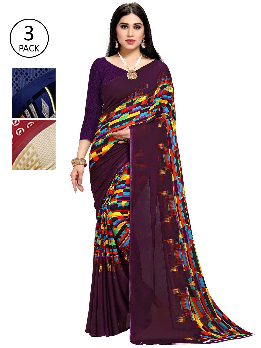 

KALINI Pack Of 3 Multicoloured Poly Georgette Printed Saree, Multi