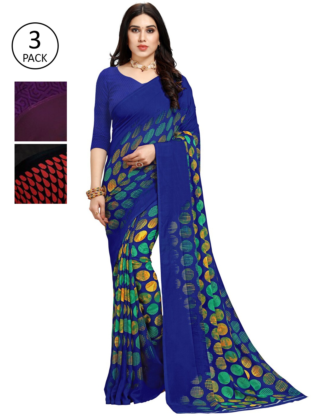 

KALINI Set of 3 Poly Georgette Printed Saree, Blue