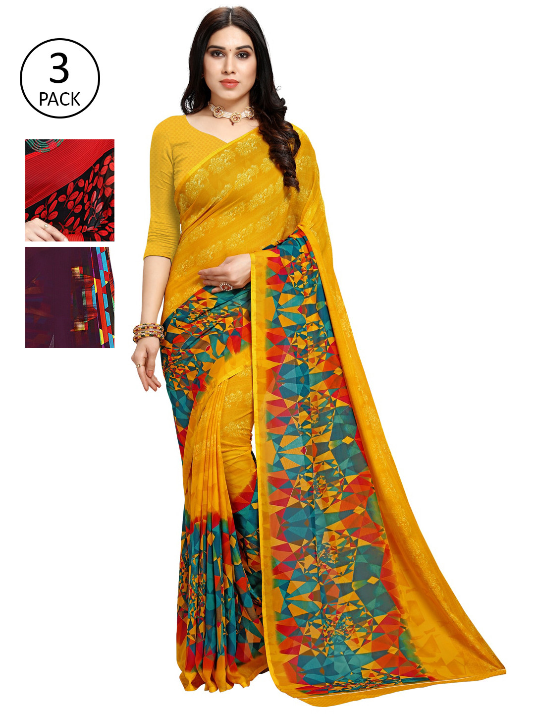 

KALINI Multicoloured & Yellow Colourblocked Pack Of 3 Saree, Multi