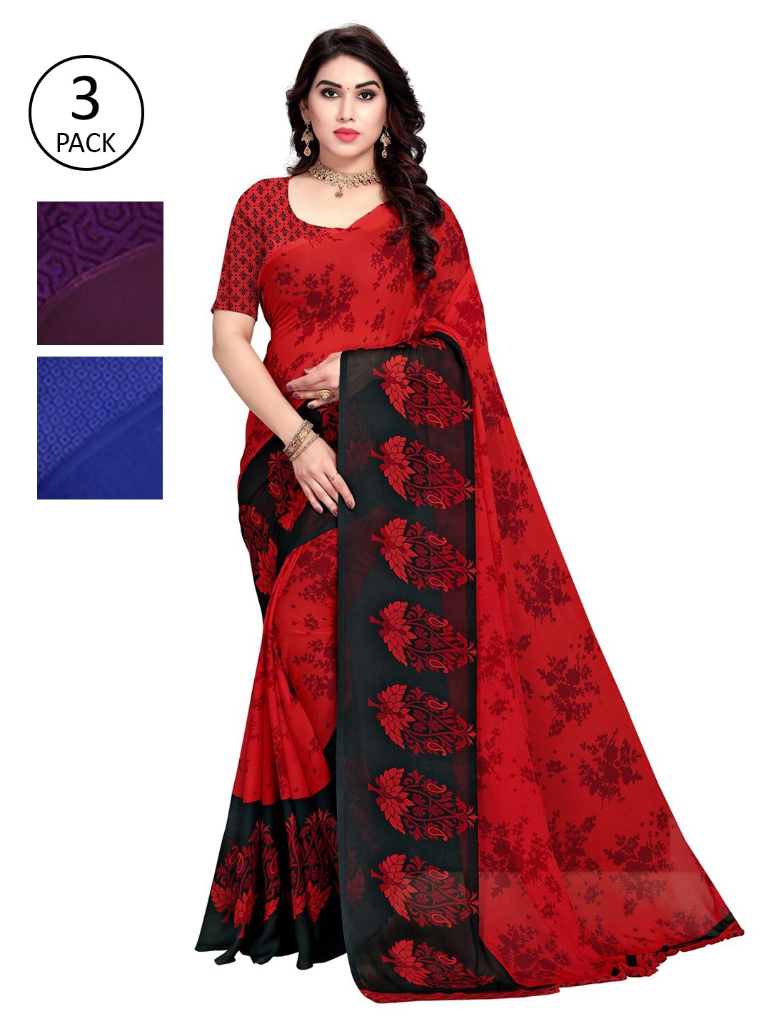 

KALINI Set of 3 Poly Georgette Saree, Red