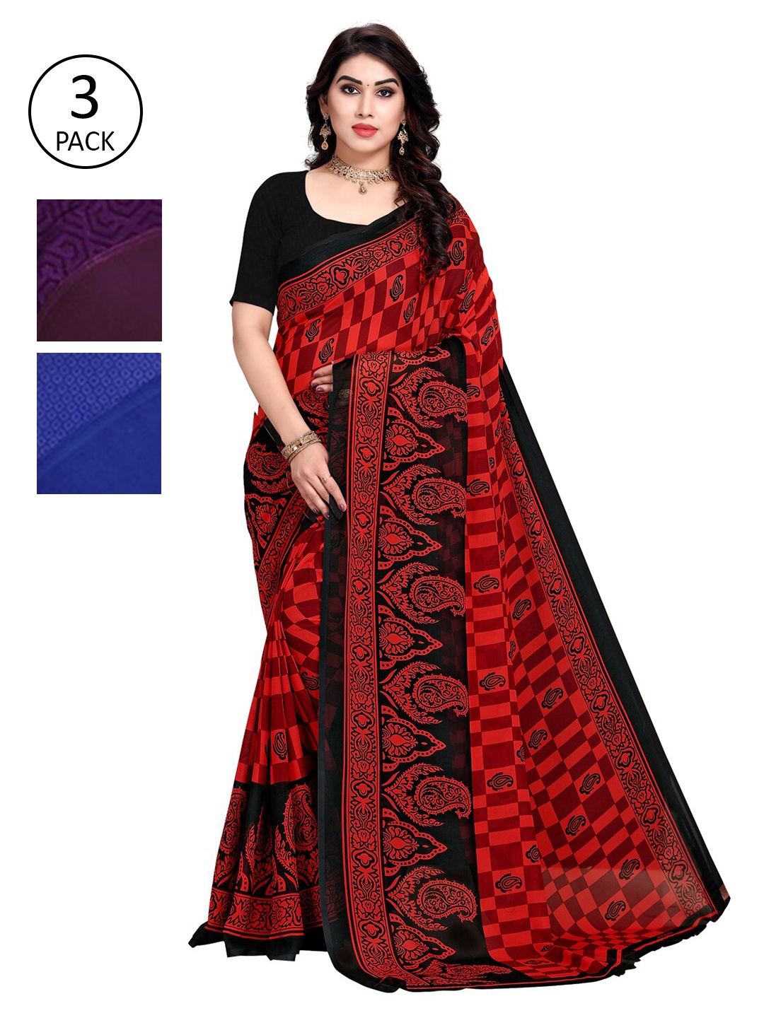 

KALINI Set of 3 Printed Poly Georgette Saree, Red
