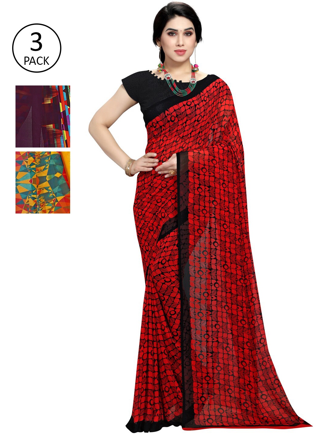 

KALINI Pack Of 3 Multicoloured Poly Georgette Printed Saree, Multi