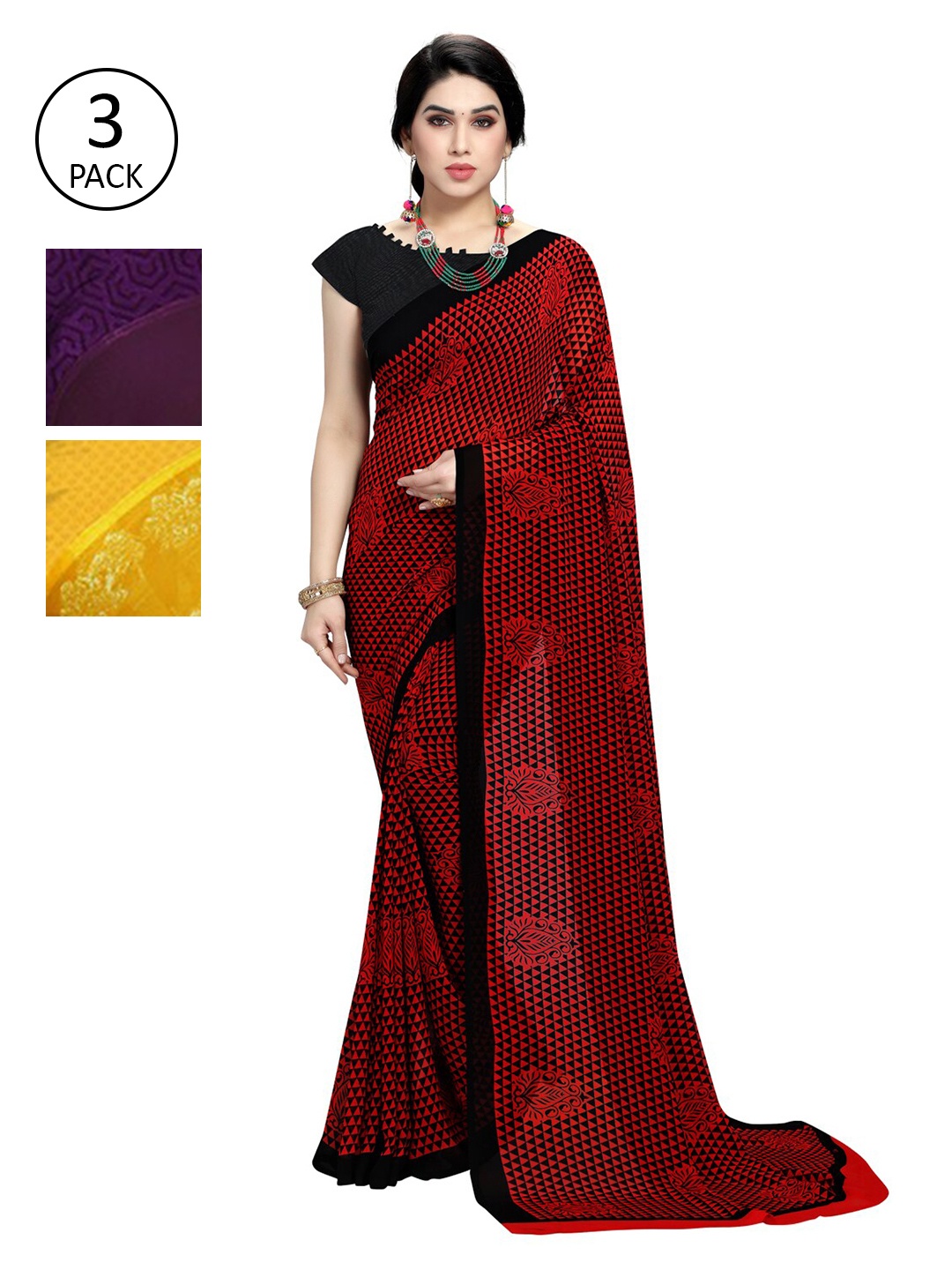 

KALINI Set of 3 Red & Violet Printed Poly Georgette Sarees