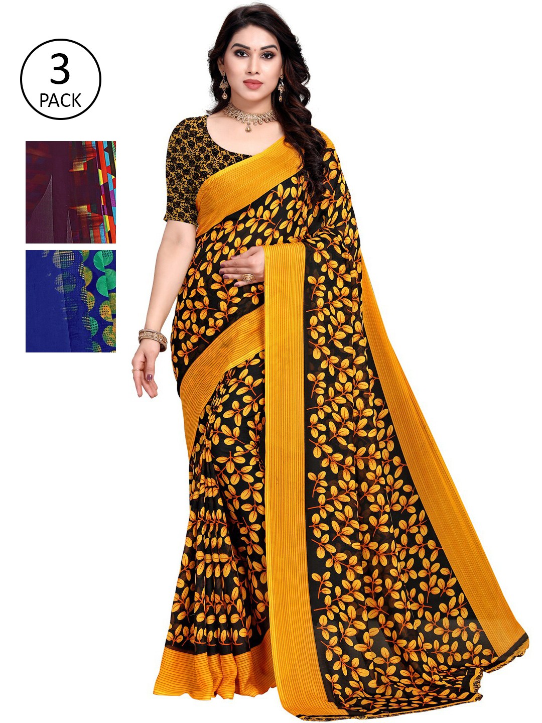 

KALINI Woman Set of 3 Printed Sarees, Yellow
