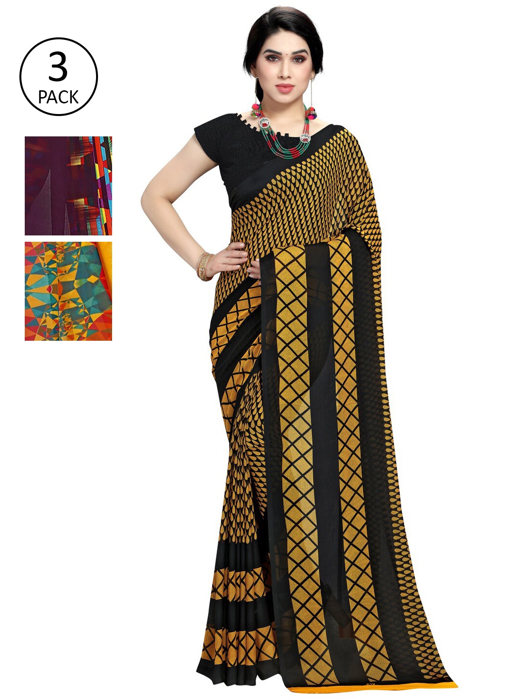 

KALINI Women Pack of 3 Printed Saree, Yellow