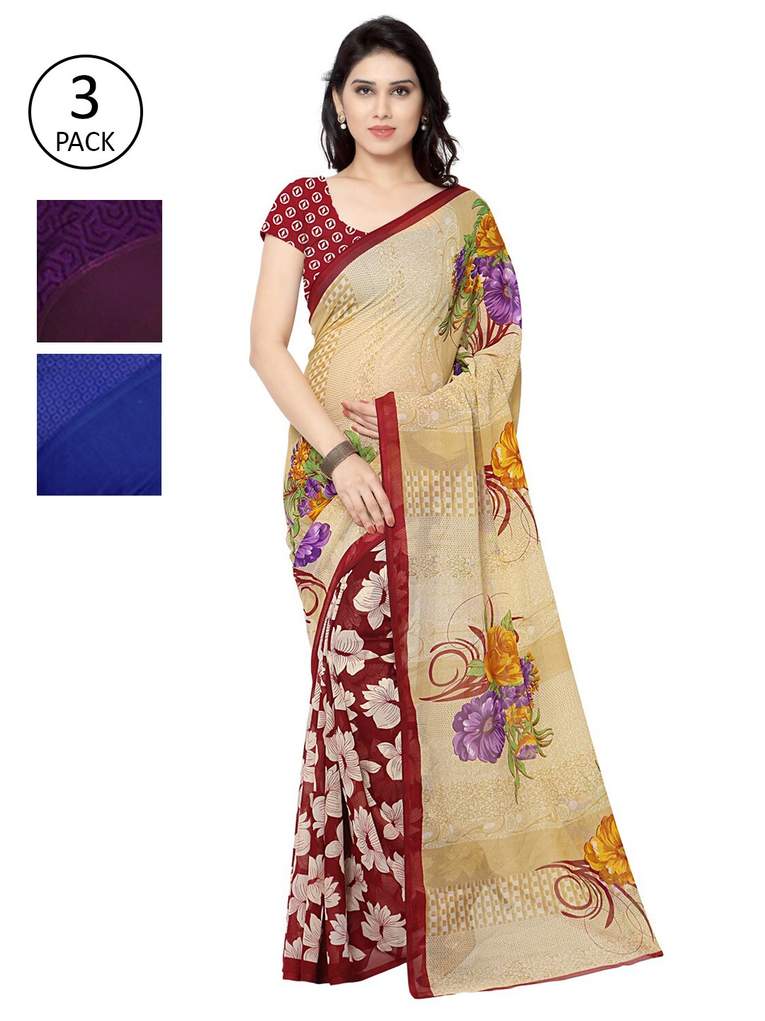 

KALINI Pack of 3 Printed Georgette Sarees, Multi
