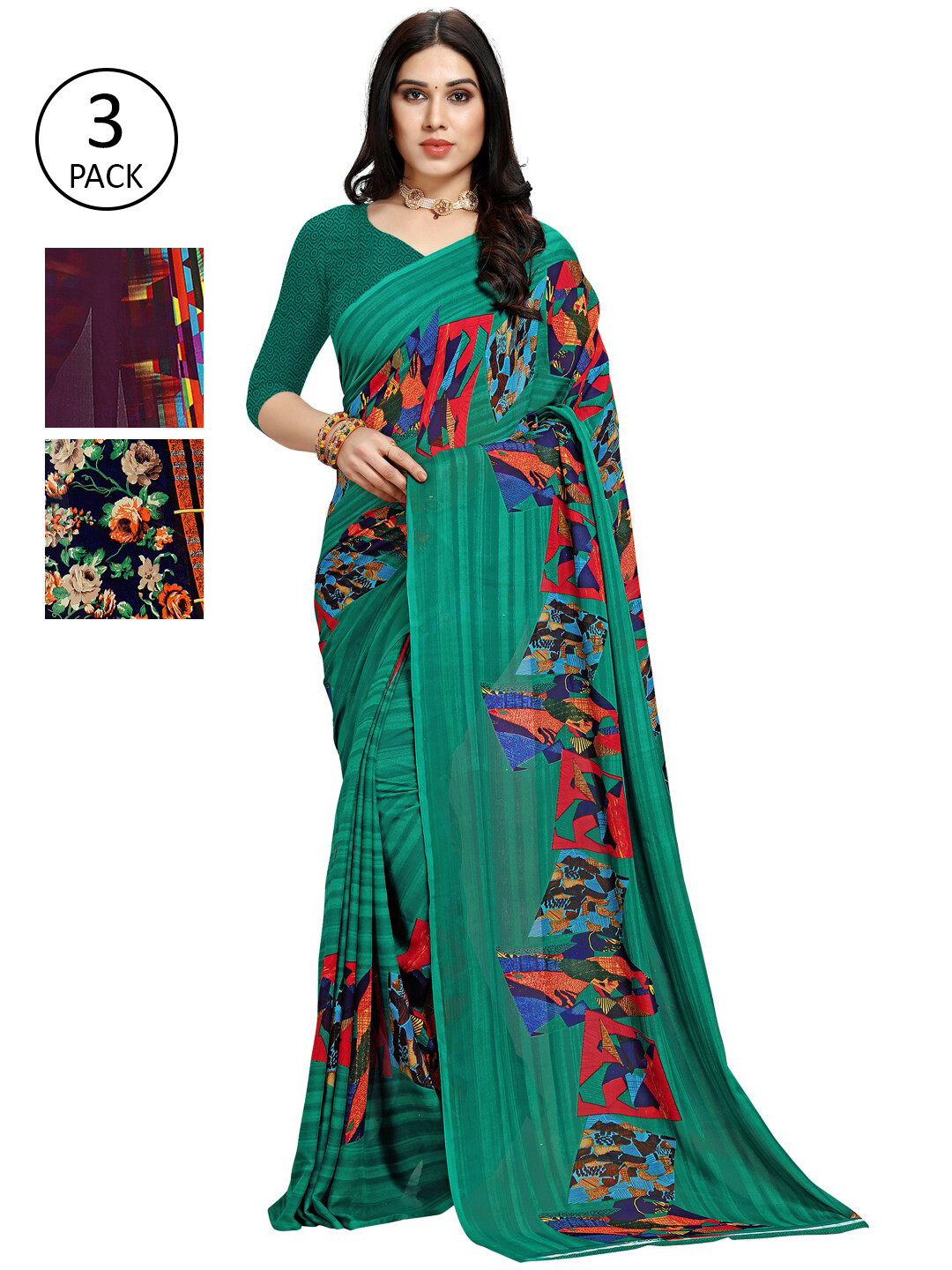

KALINI Women Pack of 3 Printed Saree, Green