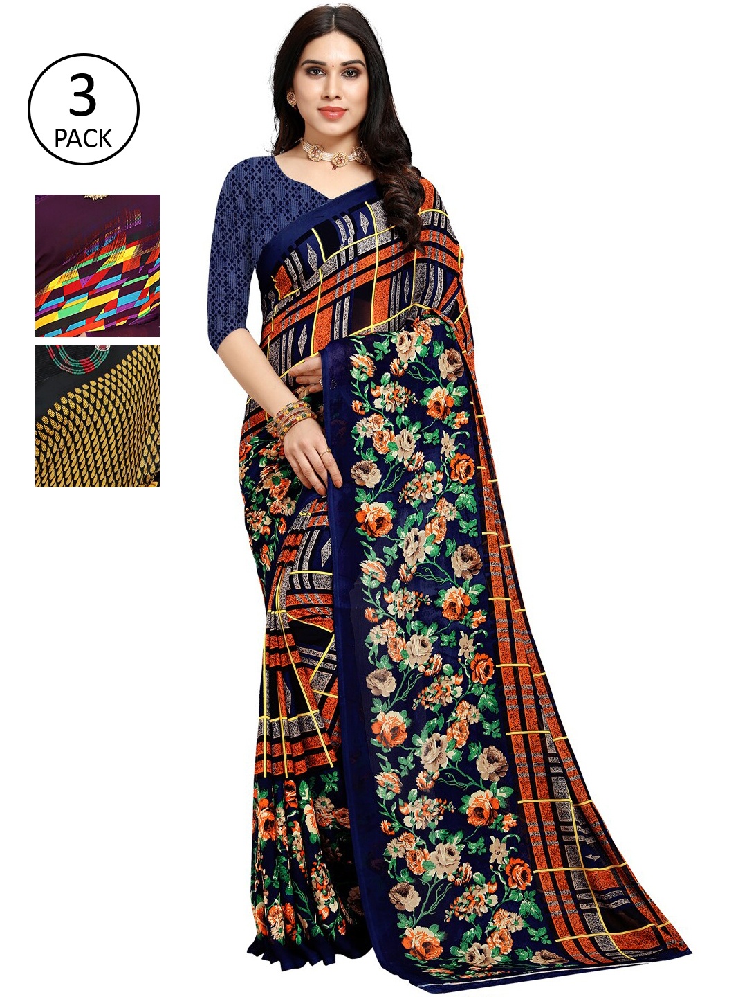 

KALINI Pack of 3 Printed Georgette Sarees, Multi