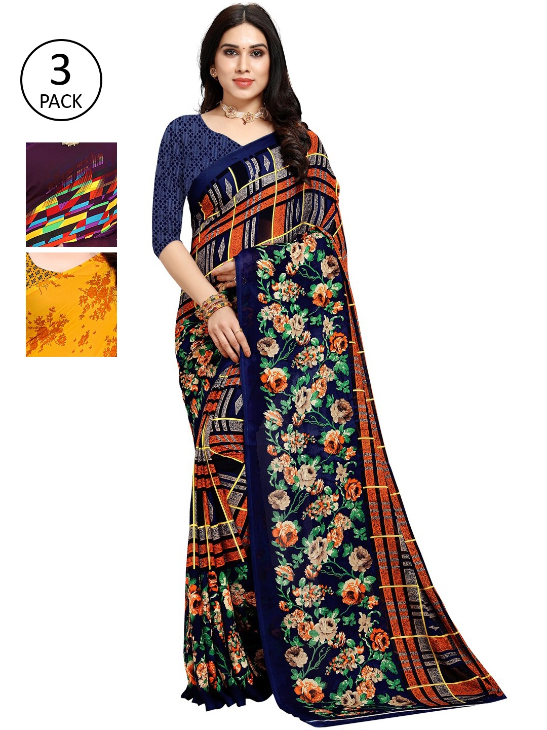 

KALINI Women Pack of 3 Printed Saree, Blue