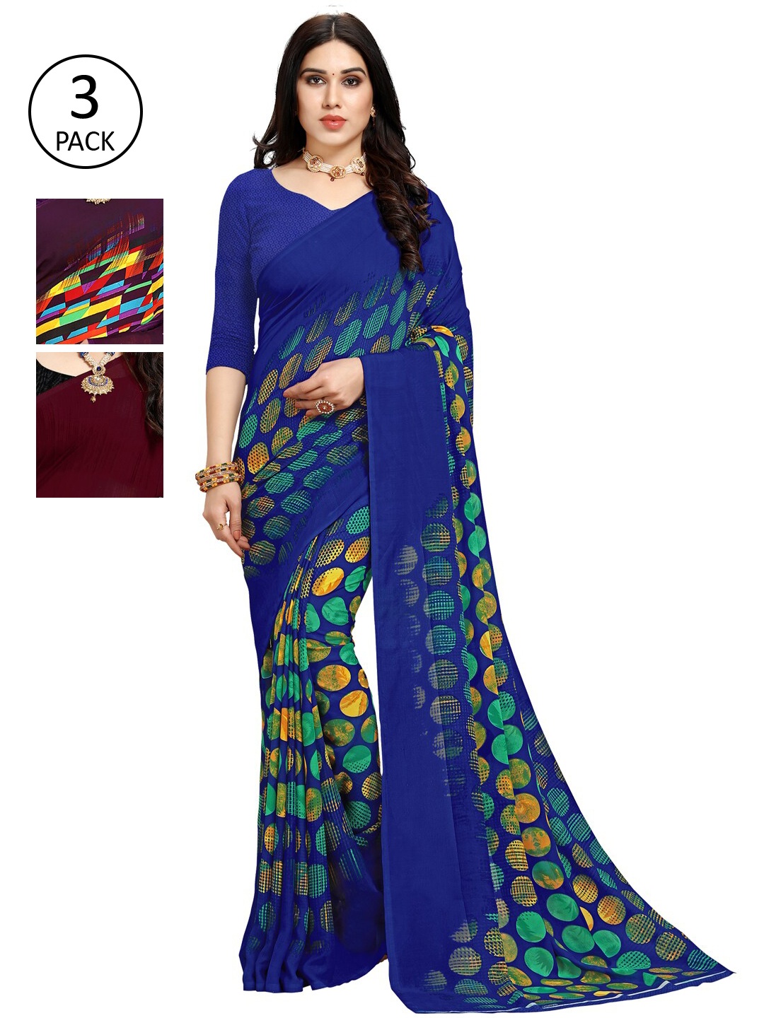 

KALINI Pack of 3 Printed Georgette Sarees, Multi