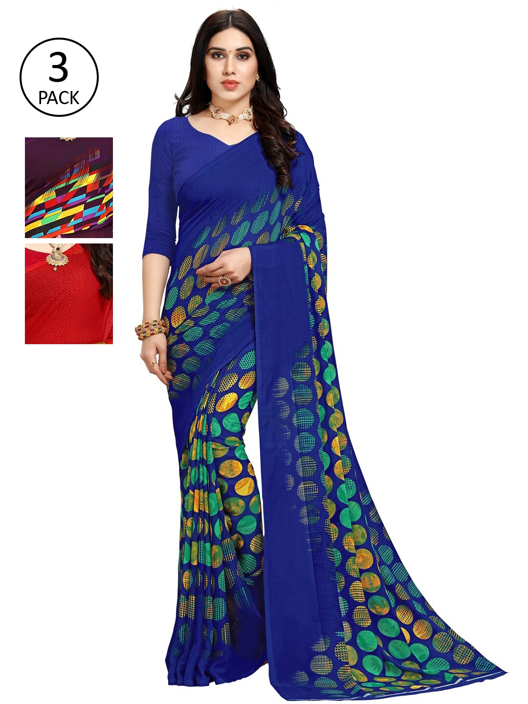 

KALINI Pack of 3 Printed Georgette Sarees, Multi