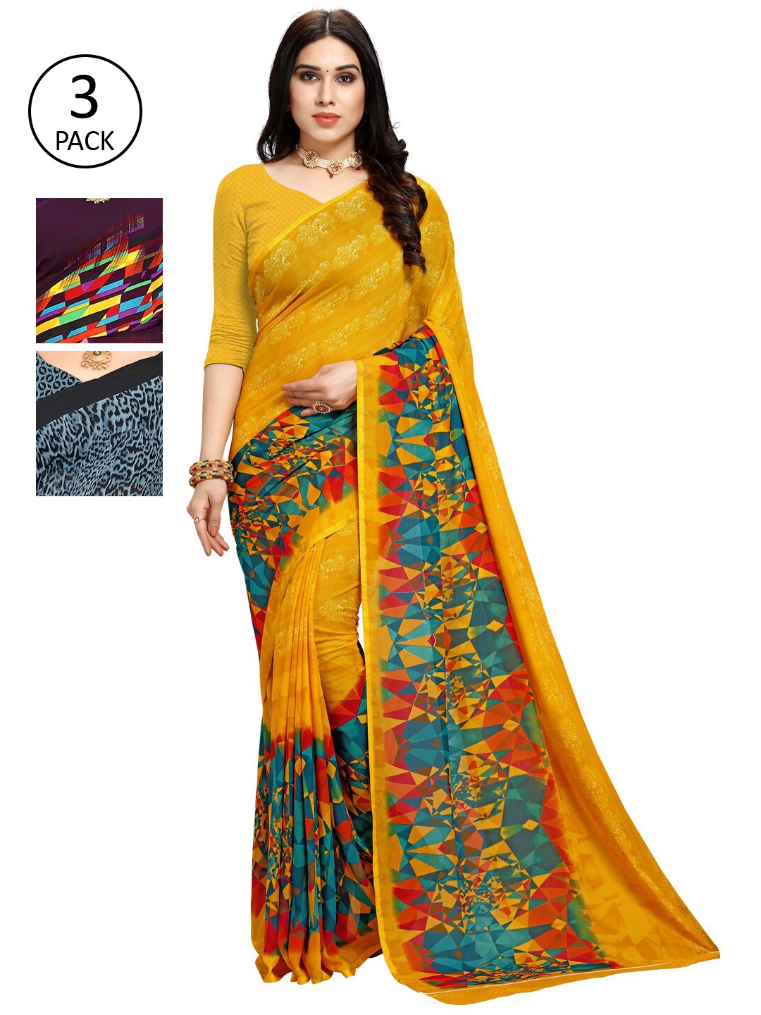 

KALINI Pack of 3 Printed Georgette Sarees, Multi