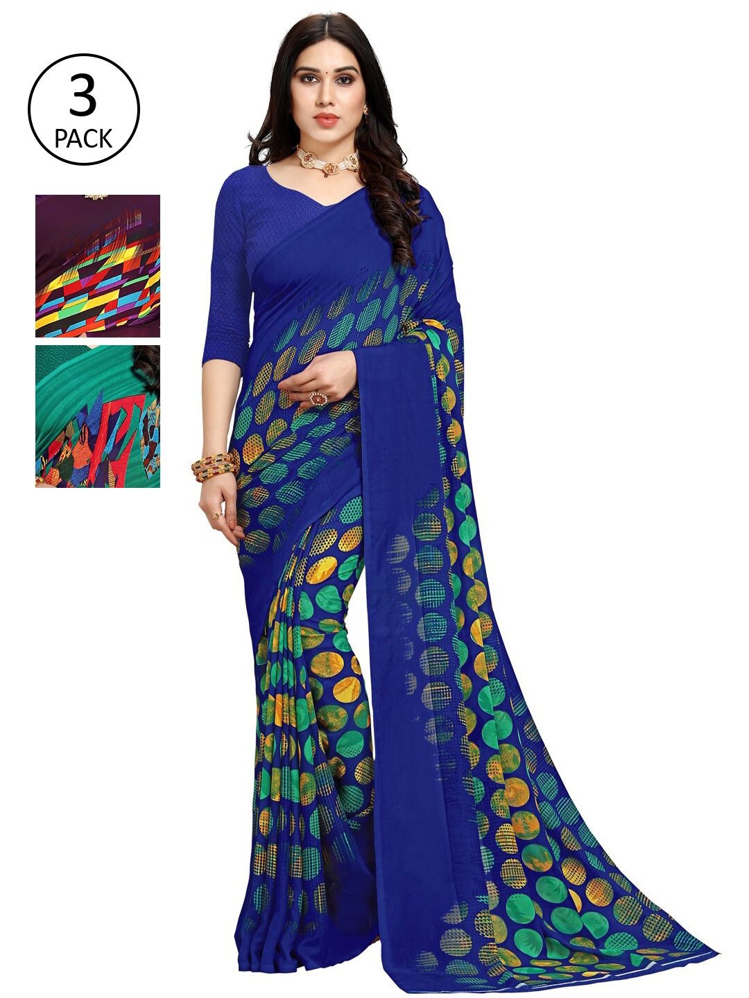 

KALINI Women Pack of 3 Printed Saree, Blue