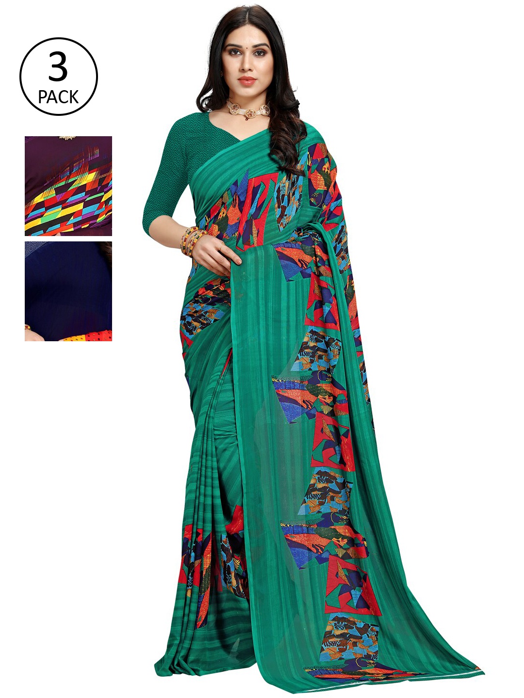 

KALINI Women Pack of 3 Printed Saree, Green