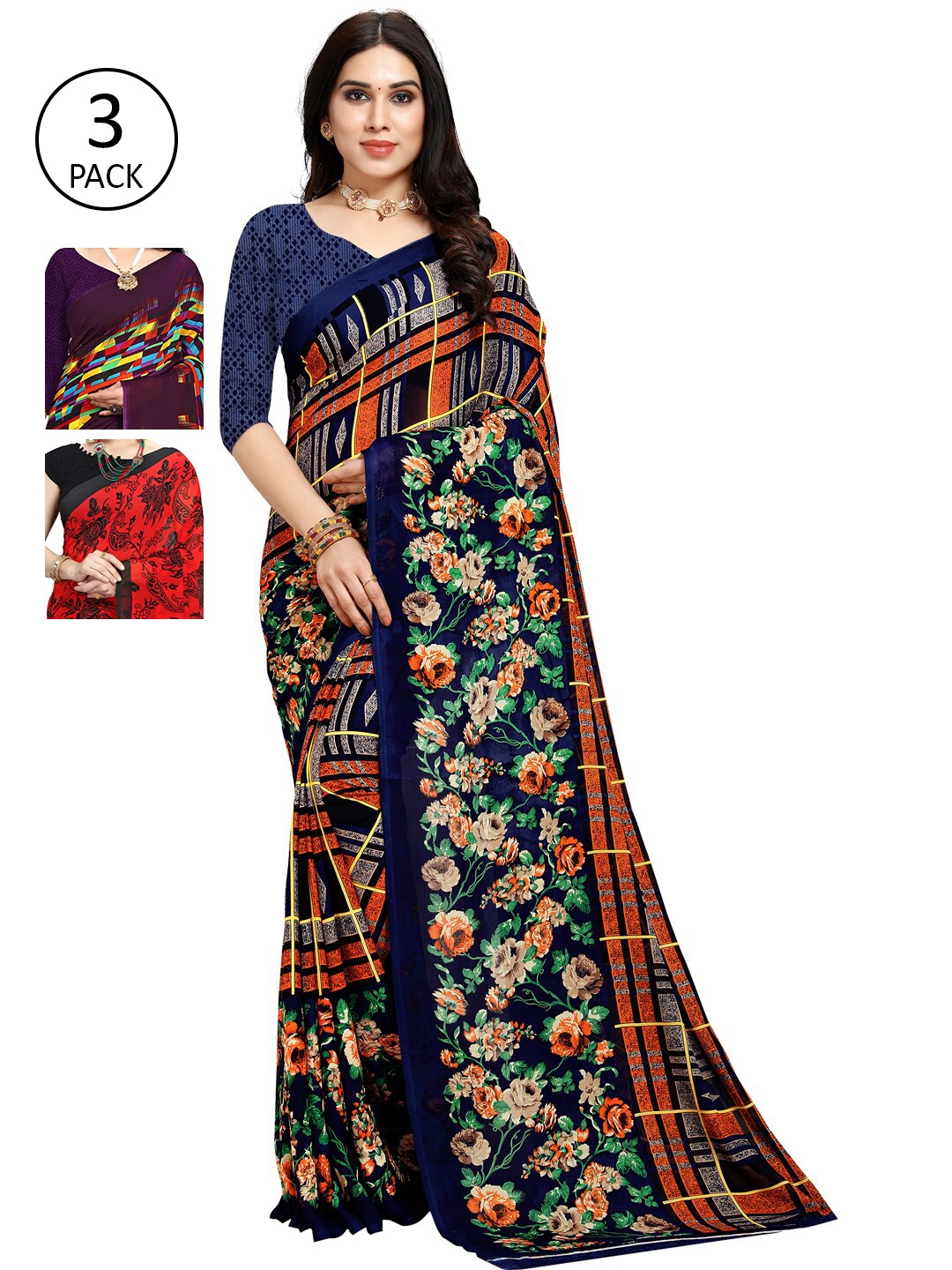 

KALINI Pack of 3 Blue & Purple Floral Saree