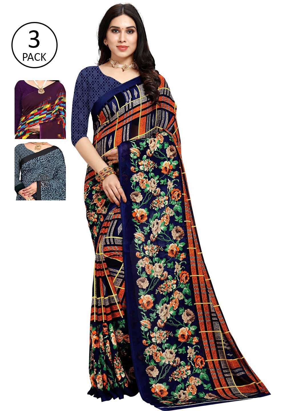 

KALINI Women Pack of 3 Printed Saree, Blue