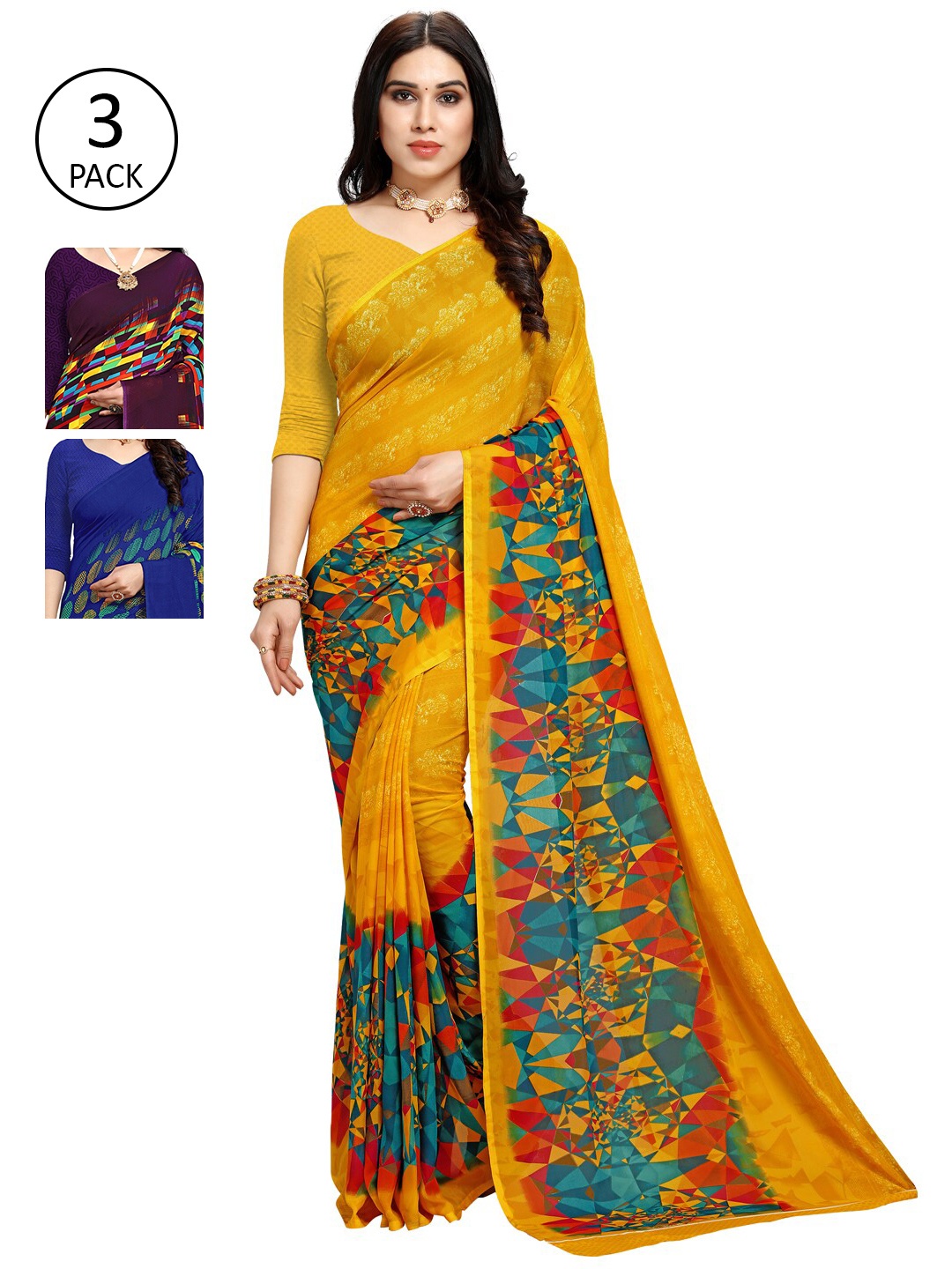 

KALINI Pack of 3 Printed Georgette Sarees, Multi