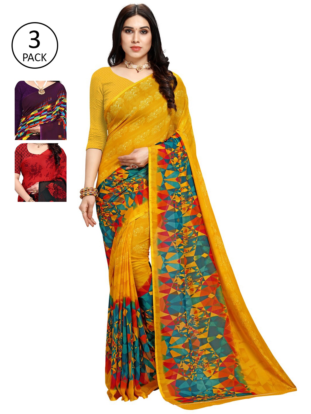 

KALINI Women Pack of 3 Printed Saree, Yellow