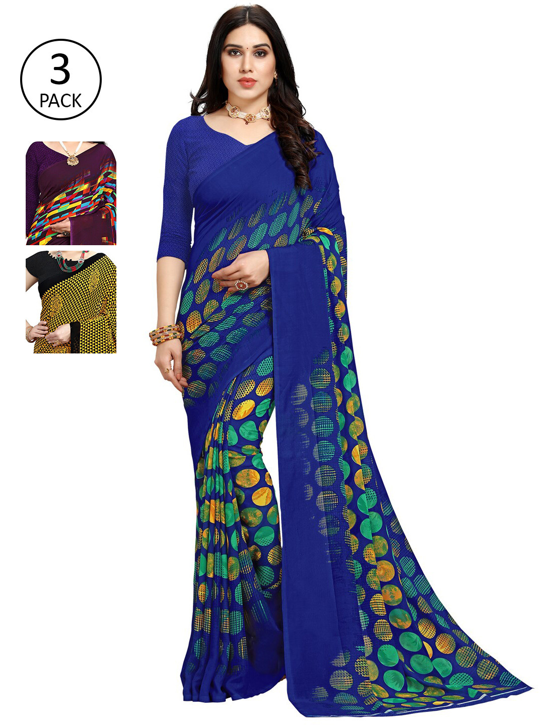 

KALINI Pack of 3 Printed Georgette Sarees, Multi