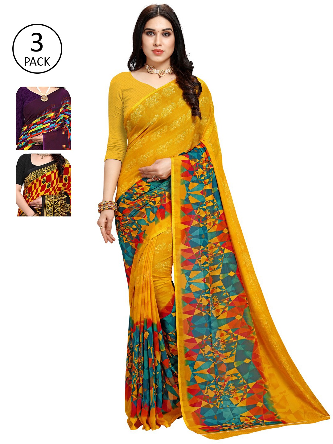 

KALINI Women Pack of 3 Printed Saree, Yellow