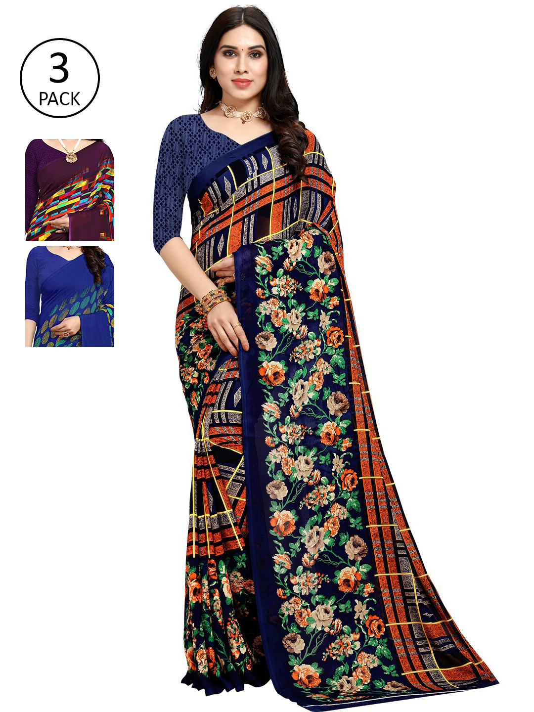 

KALINI Pack of 3 Printed Georgette Sarees, Multi