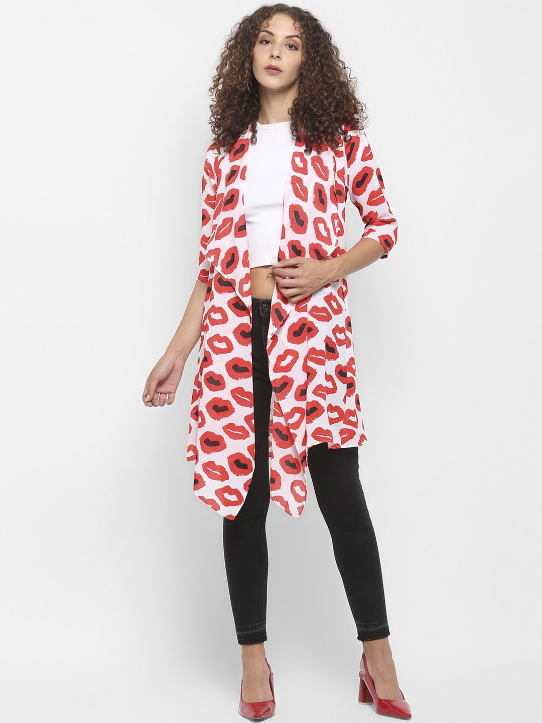 

ROVING MODE Women White Printed Longline Open Front Jacket