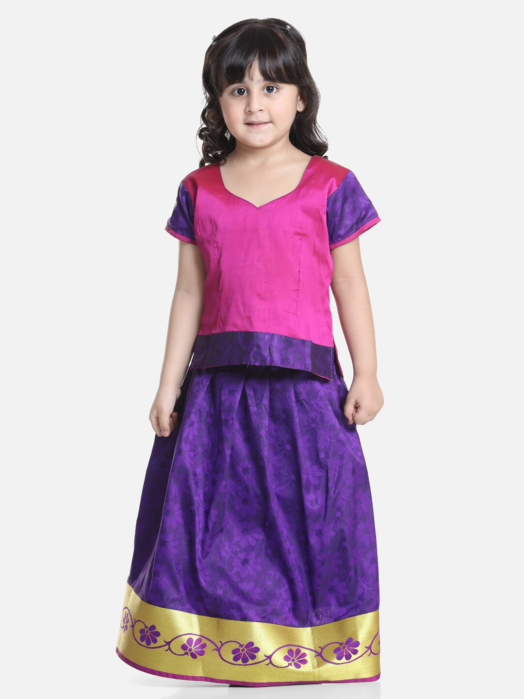

BownBee Girls Pink & Purple Kalamkari Ready to Wear Lehenga