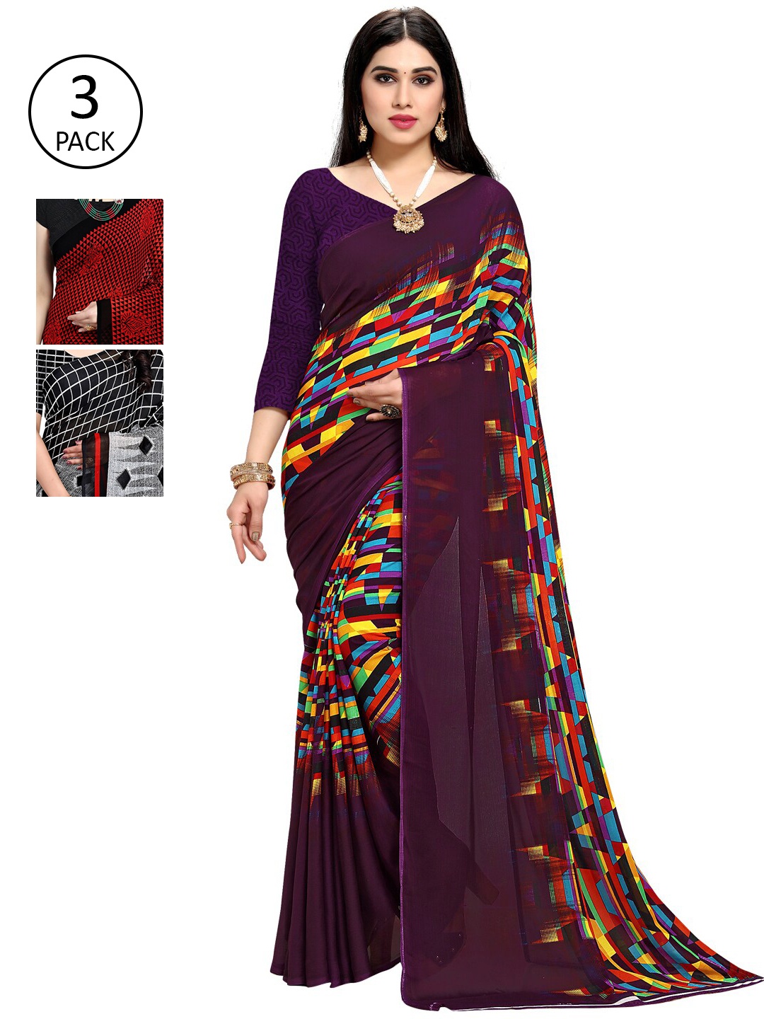 

KALINI Pack Of 3 Printed Sarees, Purple