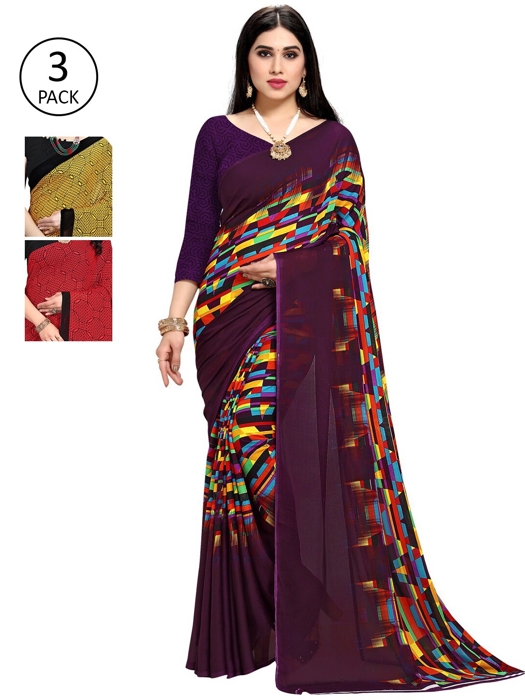 

KALINI Pack Of 3 Multicoloured Printed Sarees, Multi
