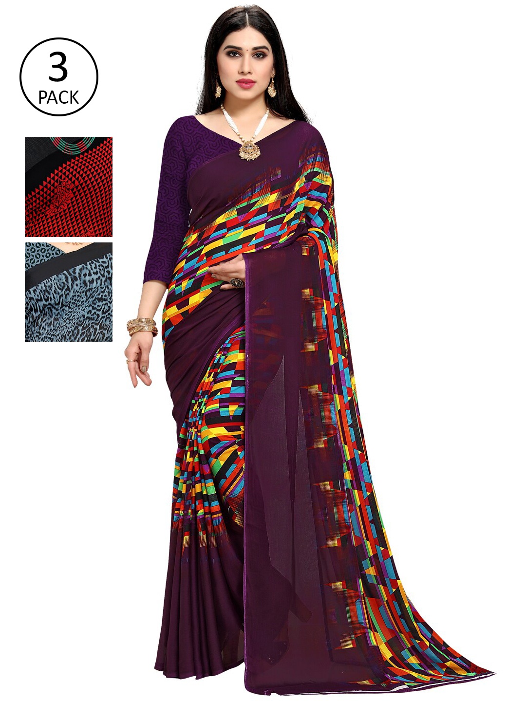 

KALINI Pack Of 3 Printed Saree, Purple