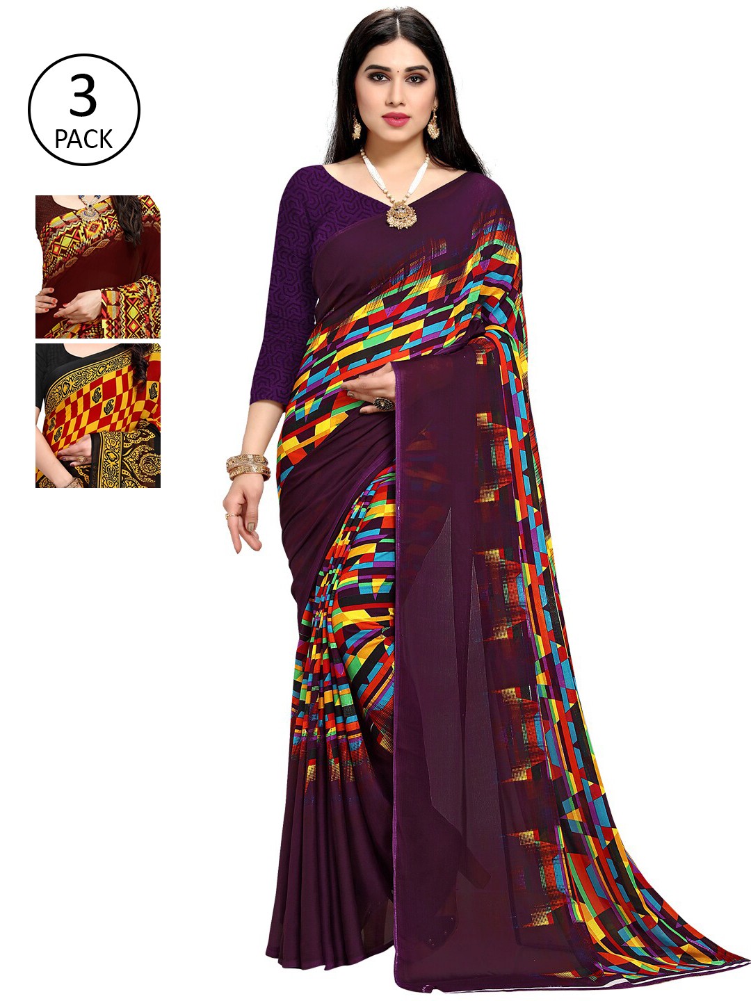 

KALINI Pack Of 3 Printed Sarees, Purple