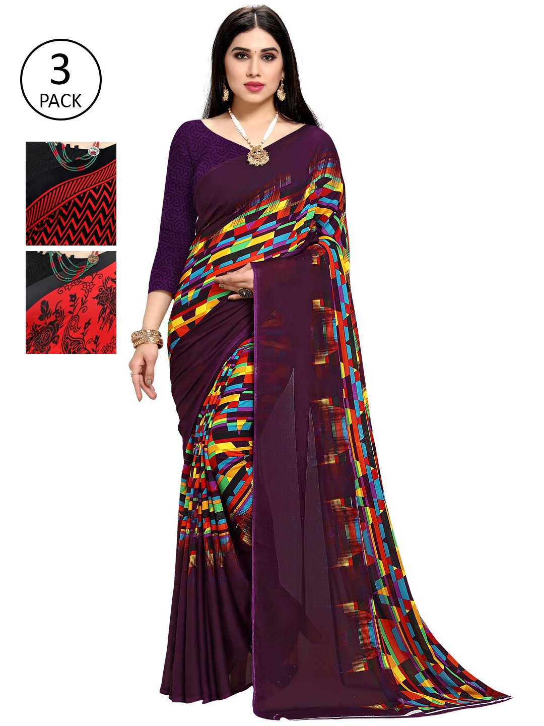 

KALINI Pack Of 3 Printed Sarees, Purple