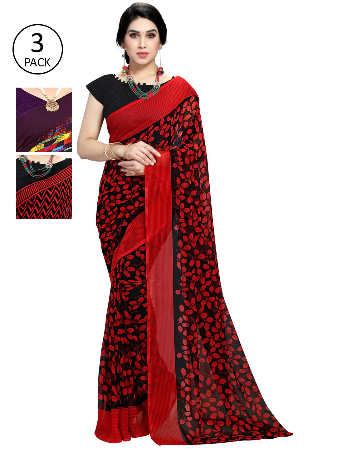 

KALINI Pack Of 3 Printed Saree, Red