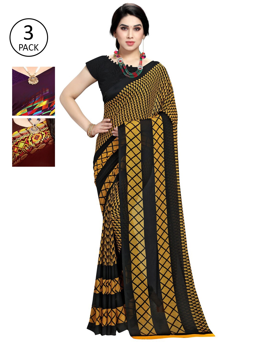 

KALINI Pack Of 3 Printed Sarees, Yellow