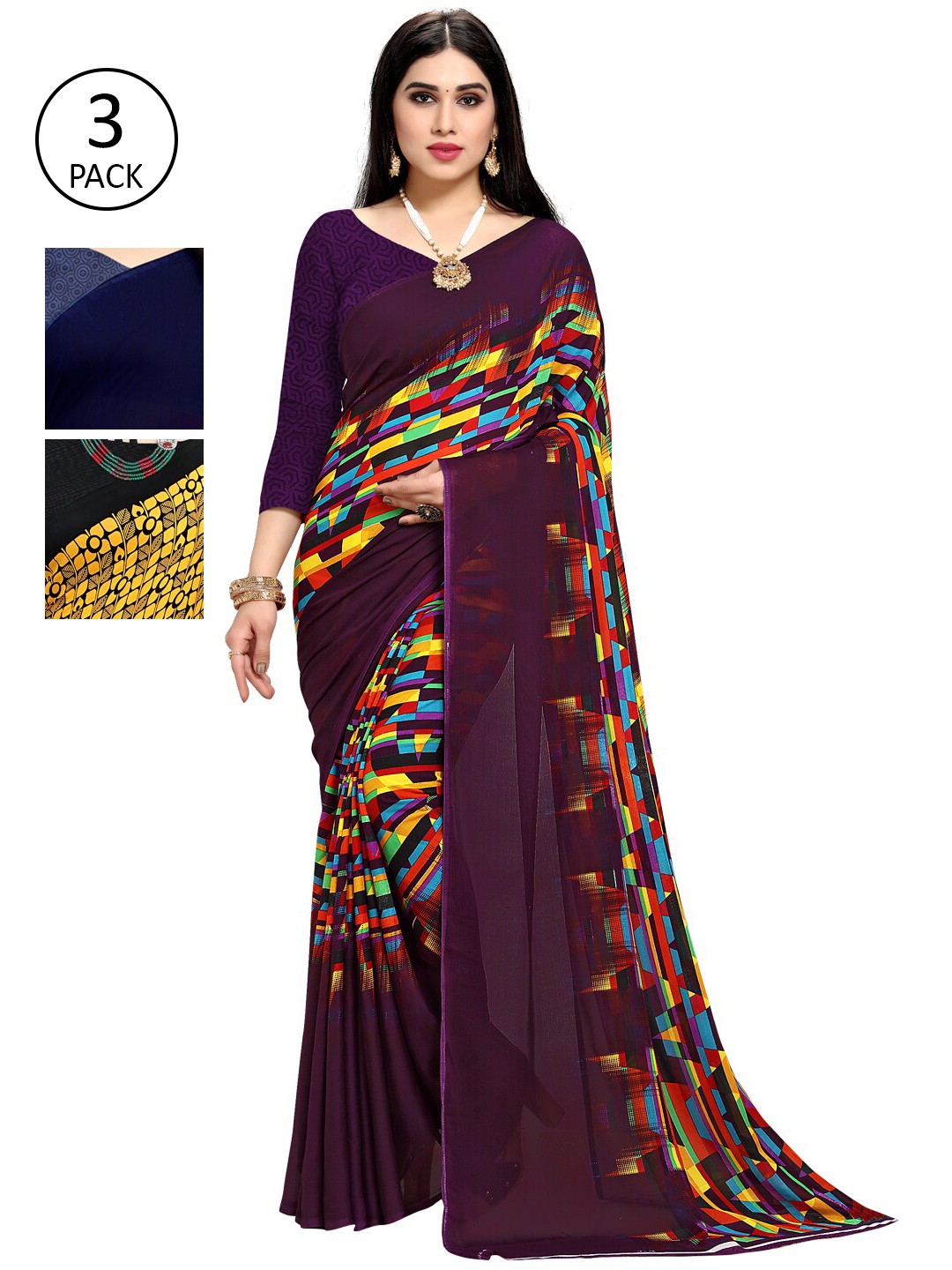 

KALINI Pack Of 3 Printed Sarees, Purple
