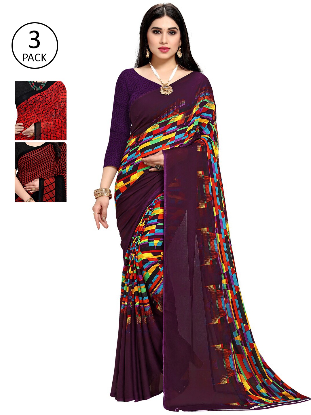 

KALINI Pack Of 3 Multicoloured Printed Sarees, Multi