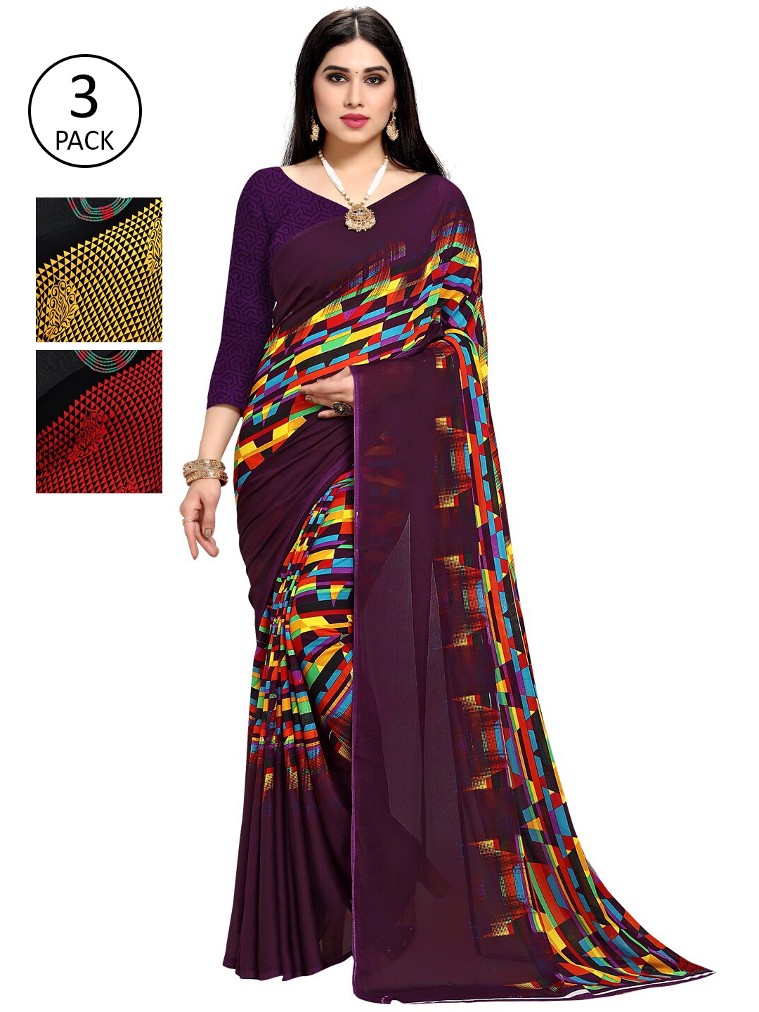 

KALINI Pack Of 3 Printed Saree, Purple